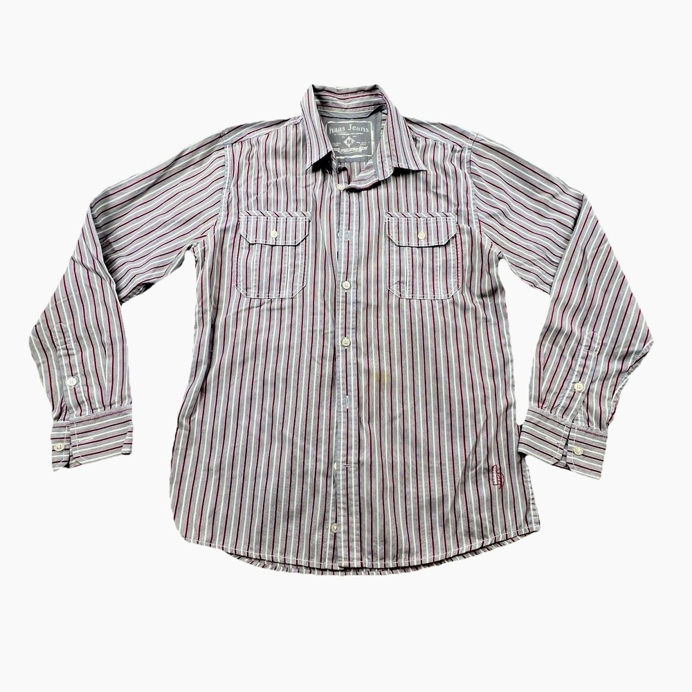 VTG Haas Jeans Mens‎ M Striped Button Up Shirt Long Sleeve 2 Pocket Gray Red